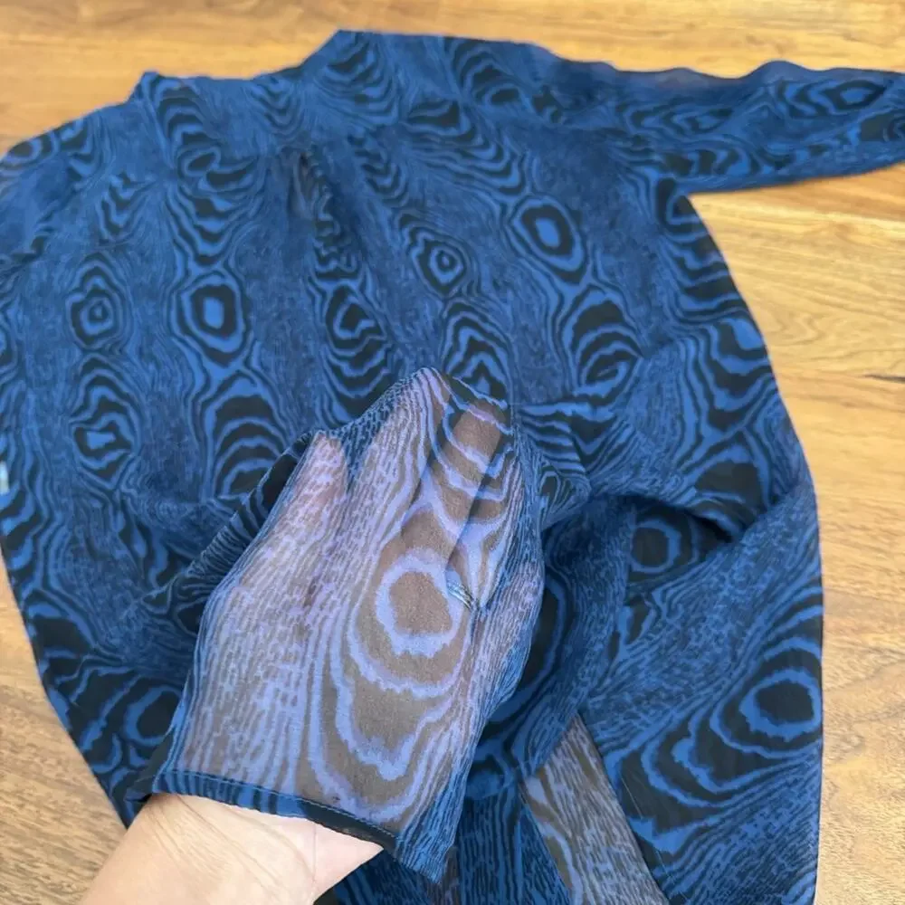 DIANE von FURSTENBERG Silk Blue Woodgrain Button-Up Shirt